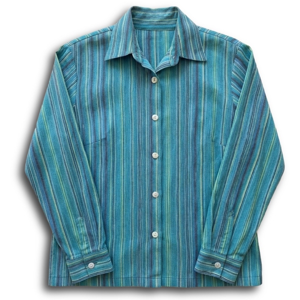 Vintage Turquoise Teal Multi Color Vertical Stripe Button Down Shirt Large